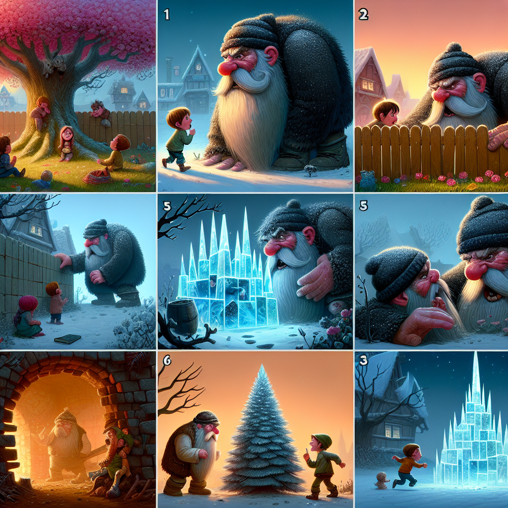 Colorful cartoon storyboard showing 8 key scenes from The Grumpy Giant's Garden