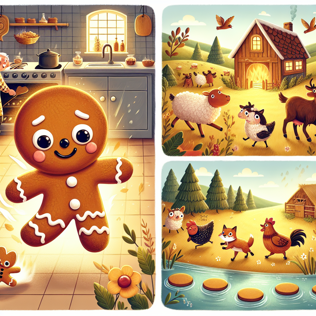 Colorful children's illustration for the story: The Gingerbread Boy's Escape