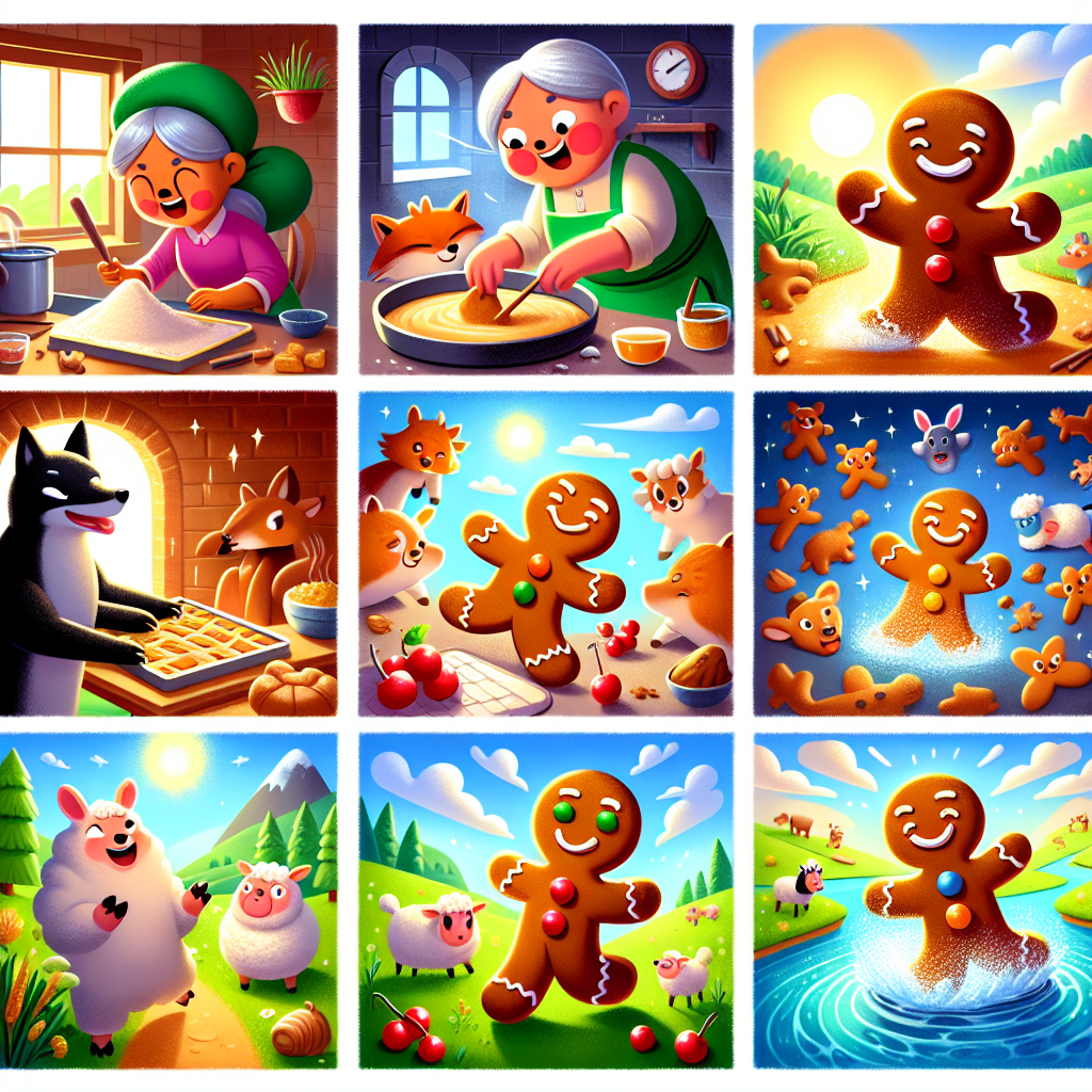 Colorful cartoon storyboard showing 8 key scenes from The Gingerbread Boy's Escape