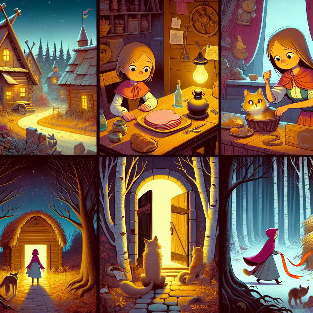 Colorful cartoon storyboard showing 8 key scenes from Vasya and Baba Yaga