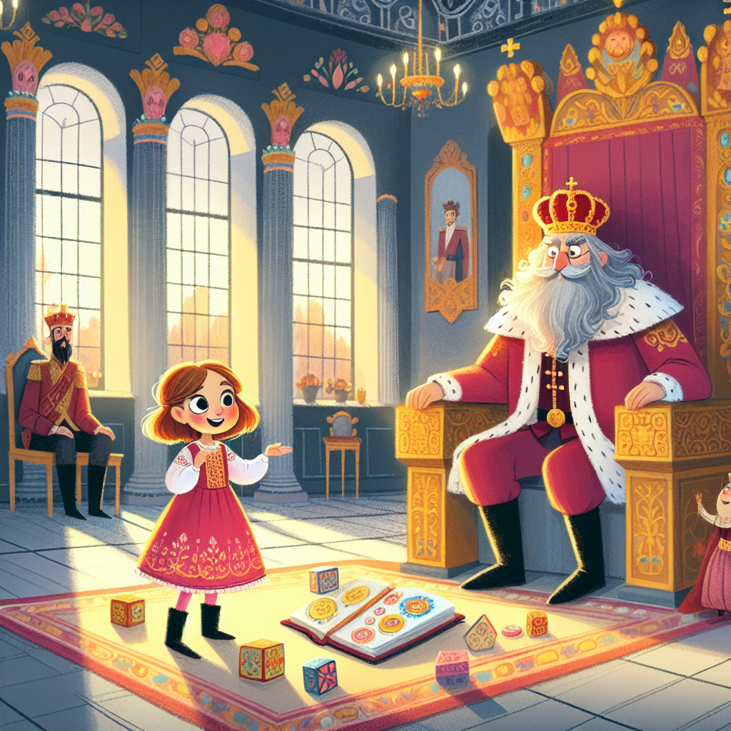 Colorful children's illustration for the story: Masha and the Tsar's Riddle