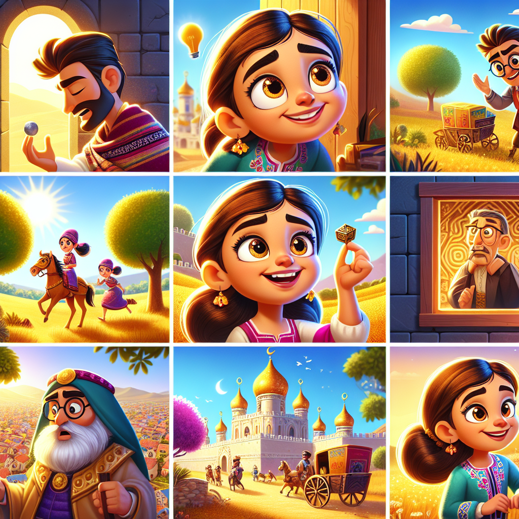 Colorful cartoon storyboard showing 8 key scenes from Masha and the Tsar's Riddle