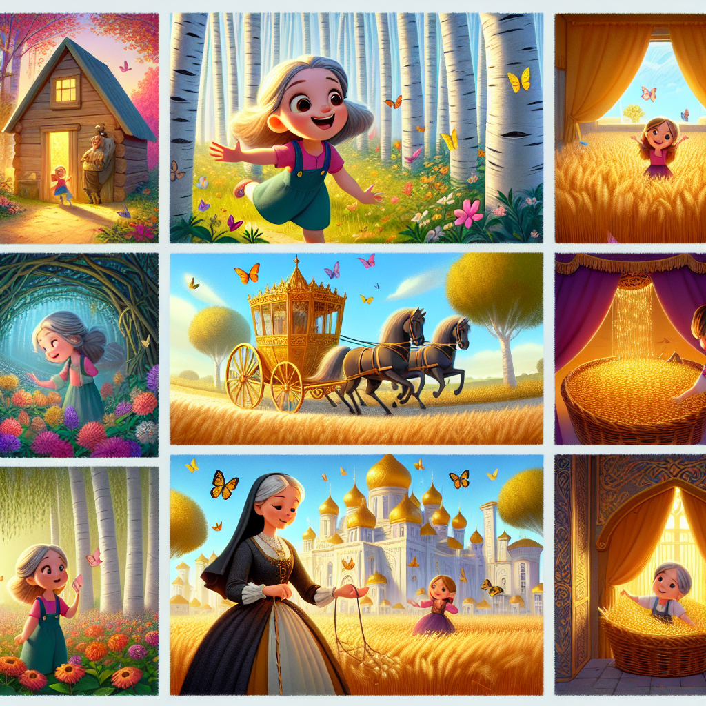 Colorful cartoon storyboard showing 8 key scenes from The Girl Who Became Queen
