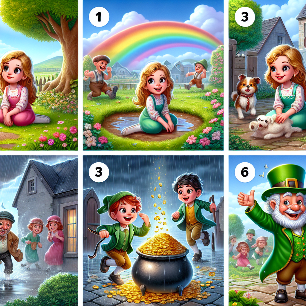 Colorful cartoon storyboard showing 8 key scenes from The Girl Who Found the Rainbow