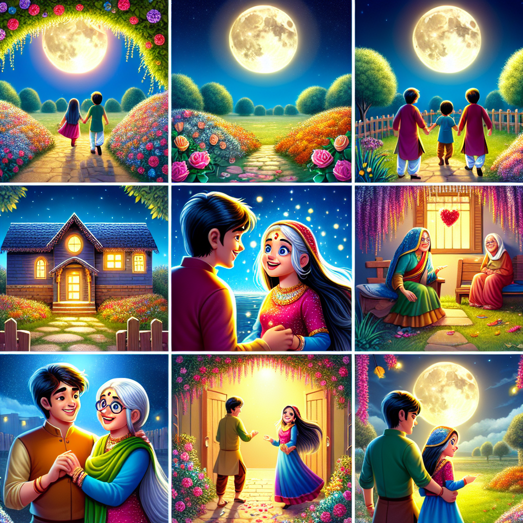 Colorful cartoon storyboard showing 8 key scenes from The Beautiful Woman and the Two Brothers