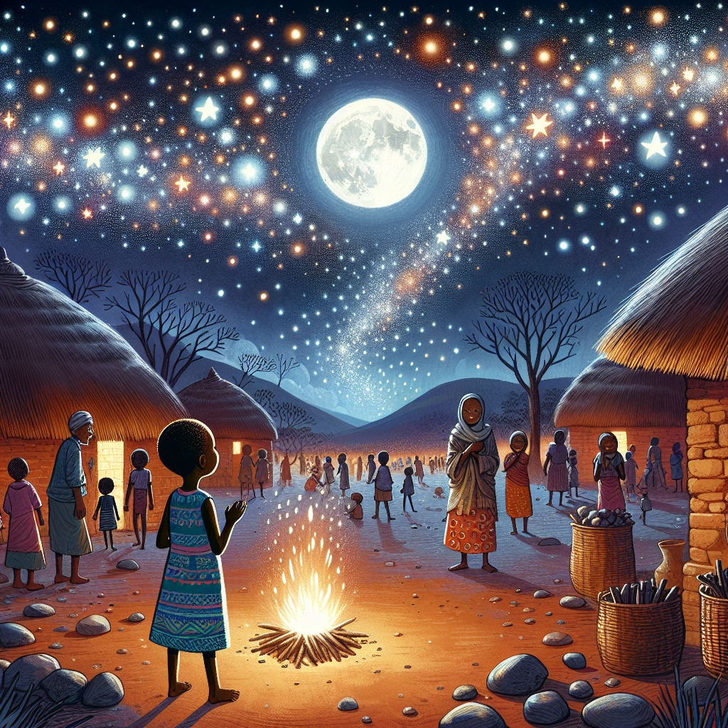 Colorful children's illustration for the story: The Girl Who Made the Stars