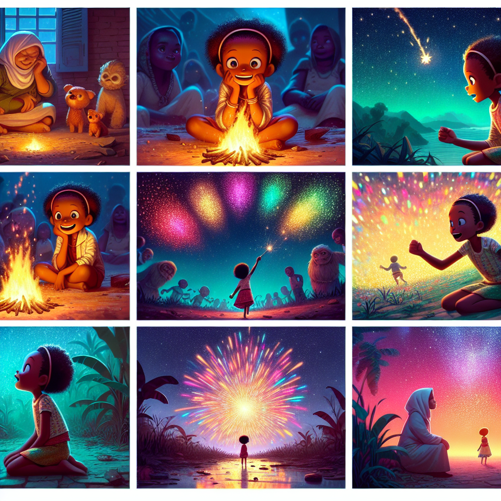 Colorful cartoon storyboard showing 8 key scenes from The Girl Who Made the Stars