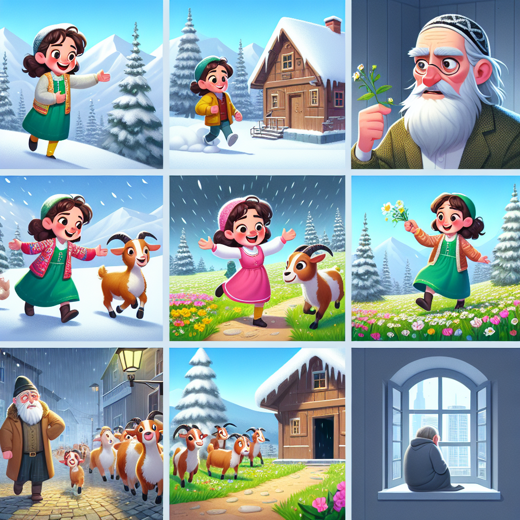 Colorful cartoon storyboard showing 8 key scenes from Heidi and the Frozen Heart