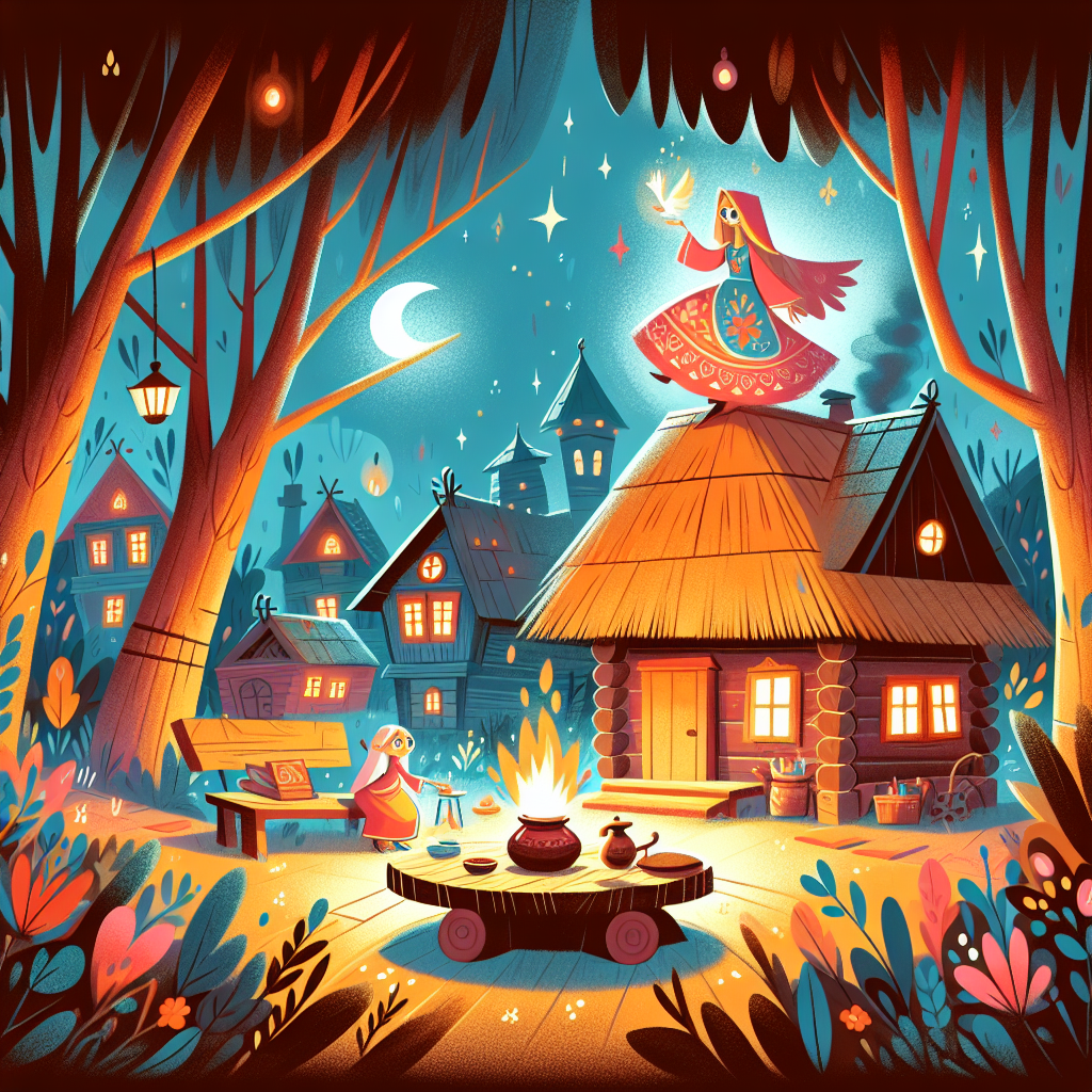 Colorful children's illustration for the story: Masha and Baba Yaga