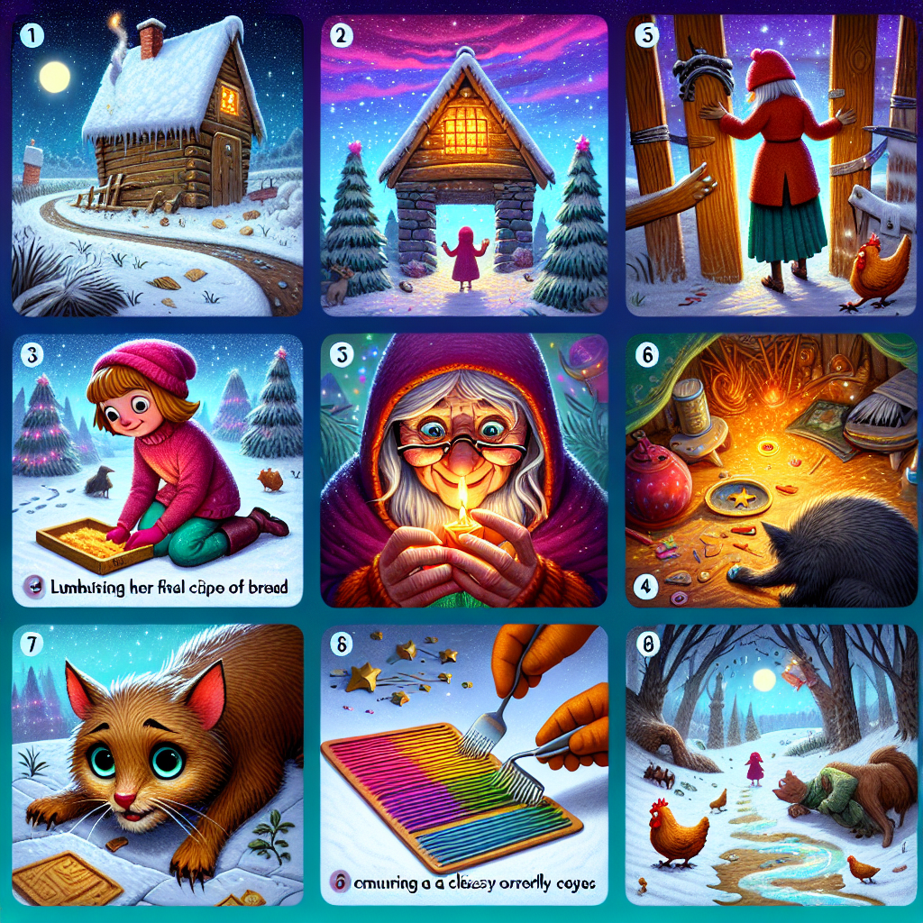Colorful cartoon storyboard showing 8 key scenes from Masha and Baba Yaga