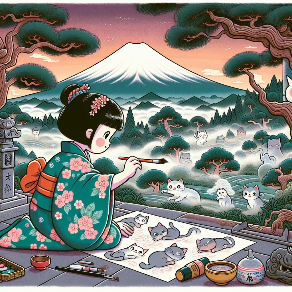 Colorful children's illustration for the story: The Cat Who Painted the Sky