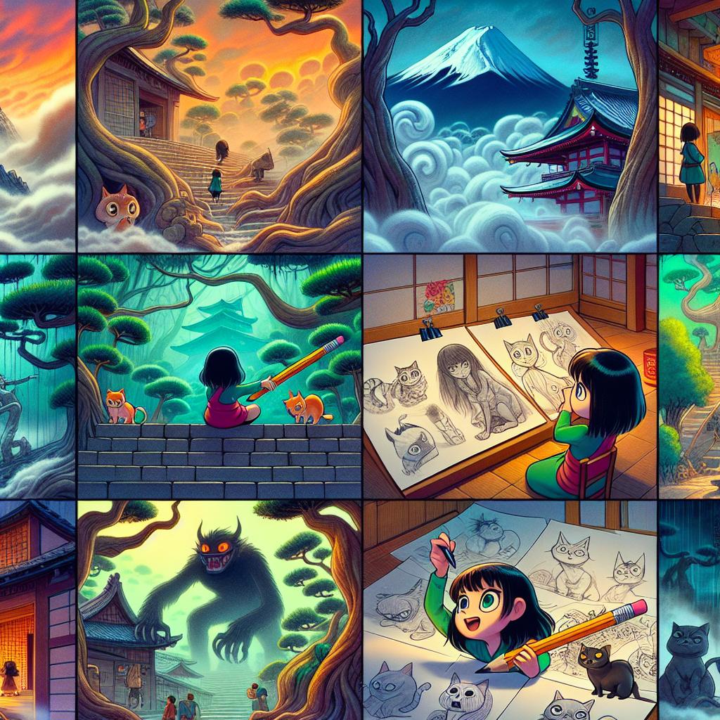 Colorful cartoon storyboard showing 8 key scenes from The Cat Who Painted the Sky
