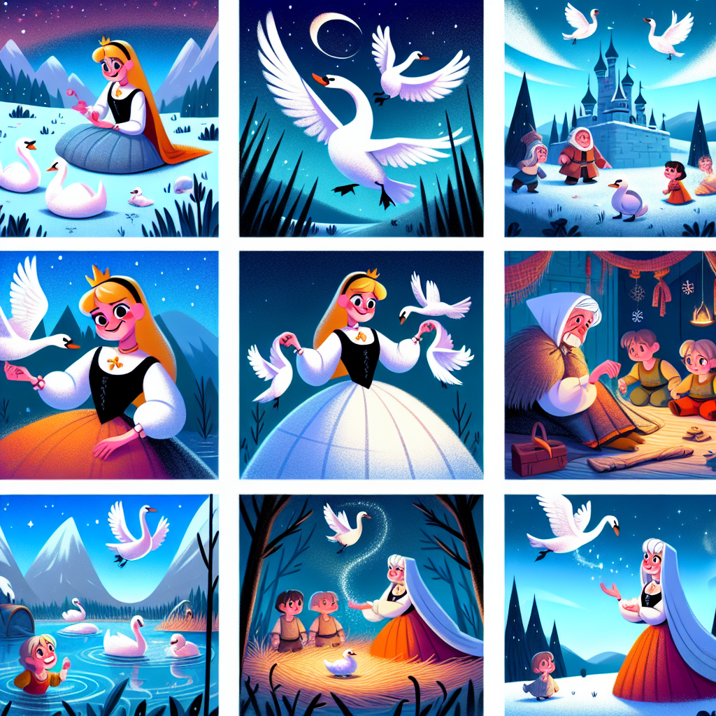 Colorful cartoon storyboard showing 8 key scenes from The Wild Swans