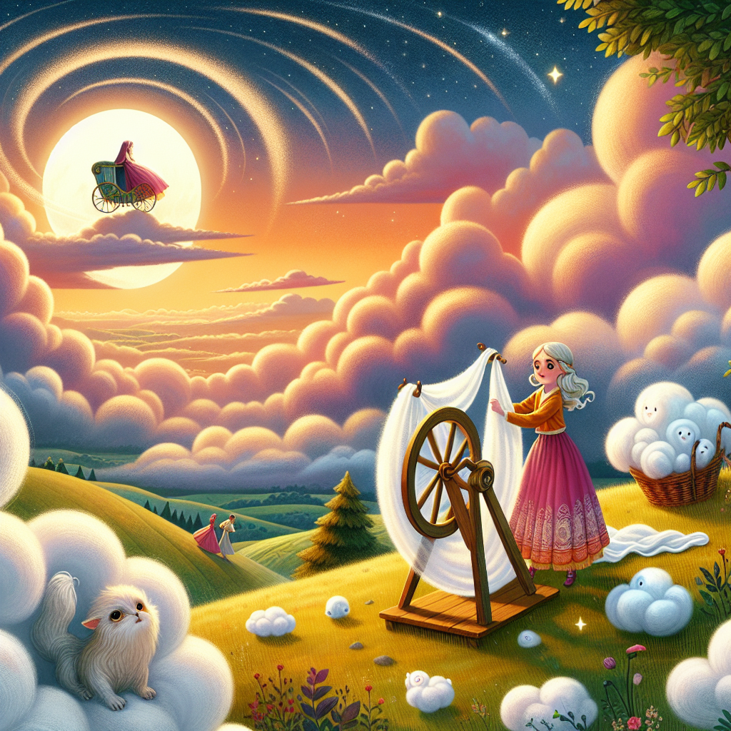 Colorful children's illustration for the story: The Girl Who Spun Clouds