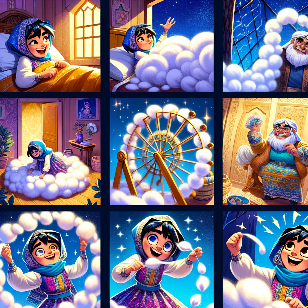 Colorful cartoon storyboard showing 8 key scenes from The Girl Who Spun Clouds