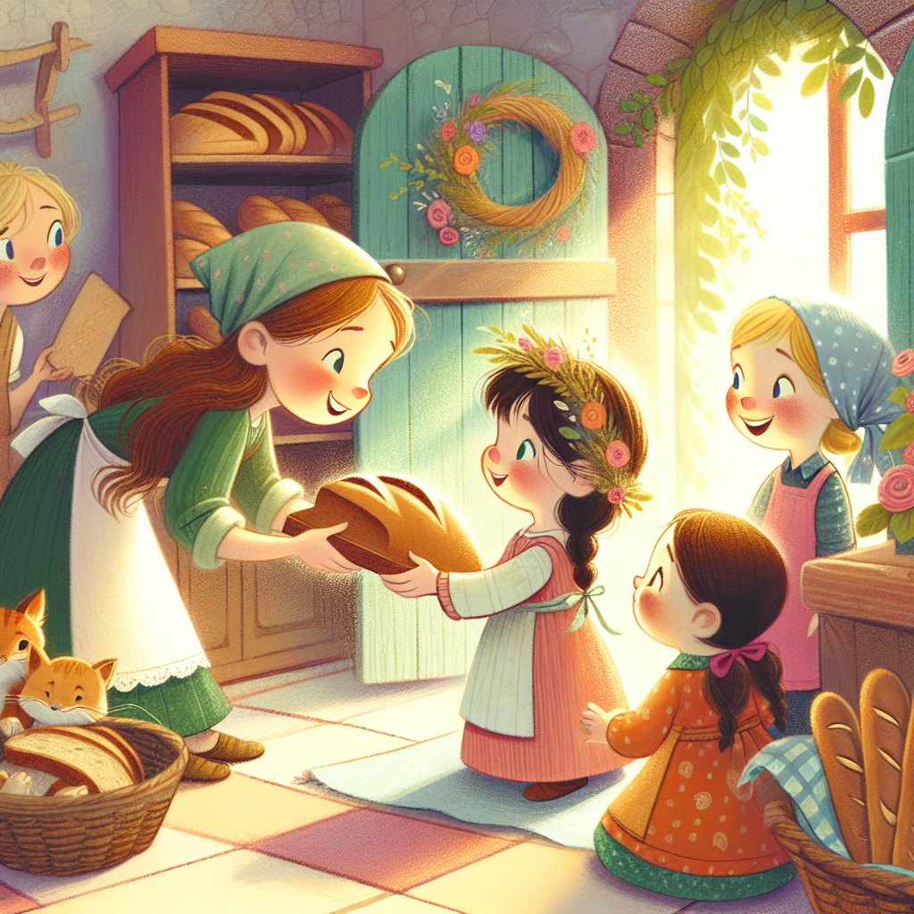 Colorful children's illustration for the story: The Girl Who Stepped on Bread