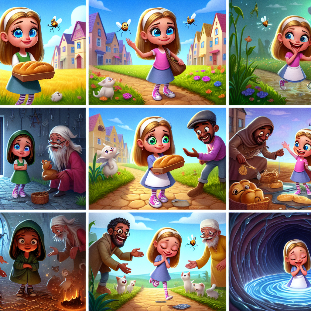 Colorful cartoon storyboard showing 8 key scenes from The Girl Who Stepped on Bread