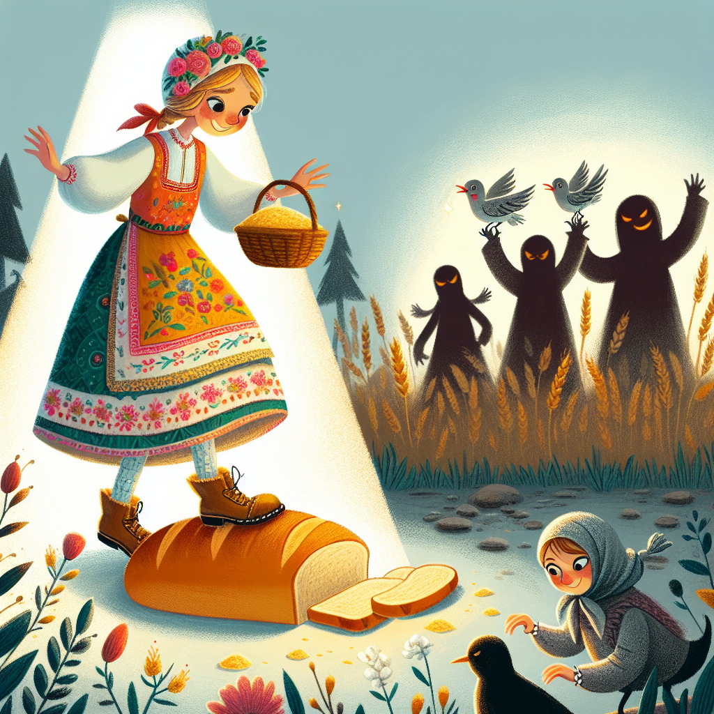 Colorful children's illustration for the story: The Girl Who Tread on Bread