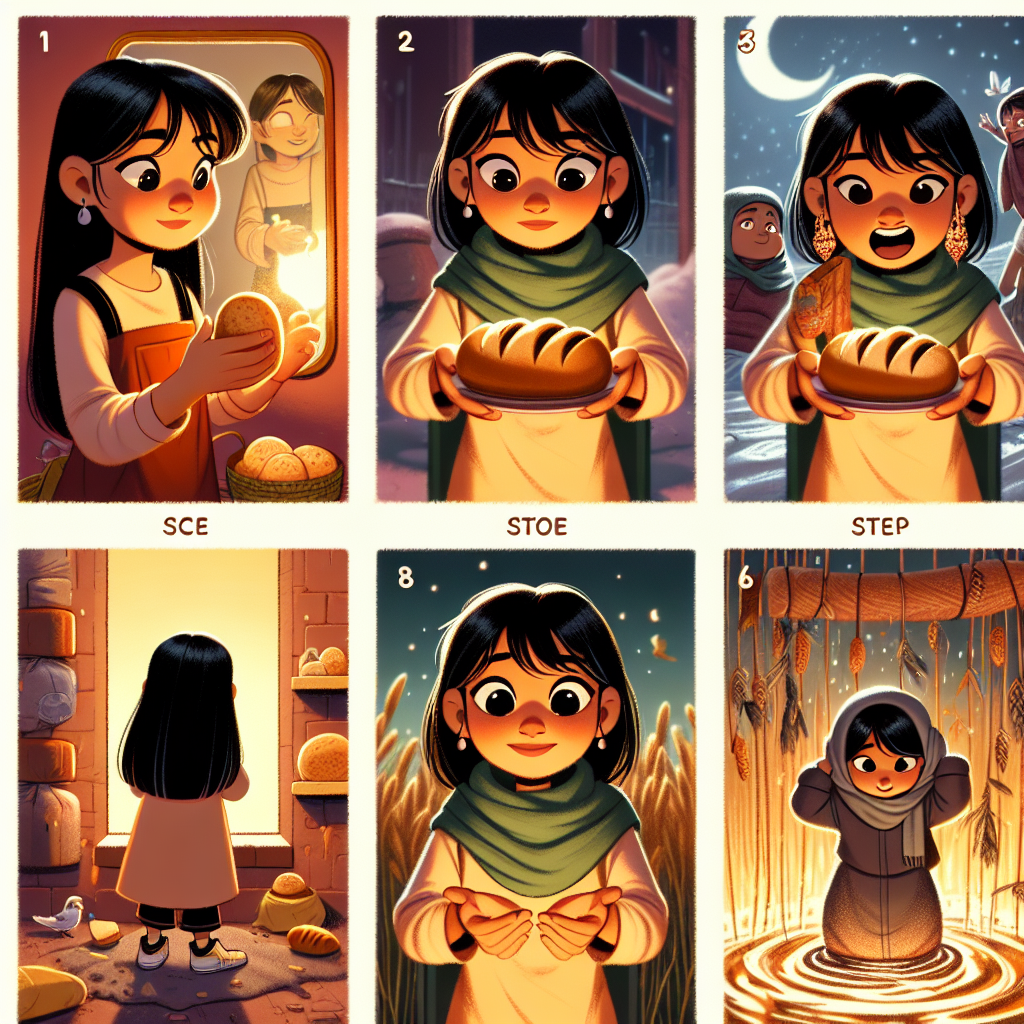 Colorful cartoon storyboard showing 8 key scenes from The Girl Who Tread on Bread