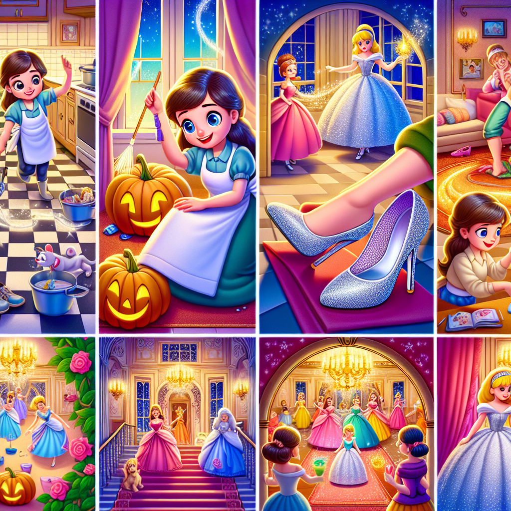 Colorful cartoon storyboard showing 8 key scenes from Cinderella