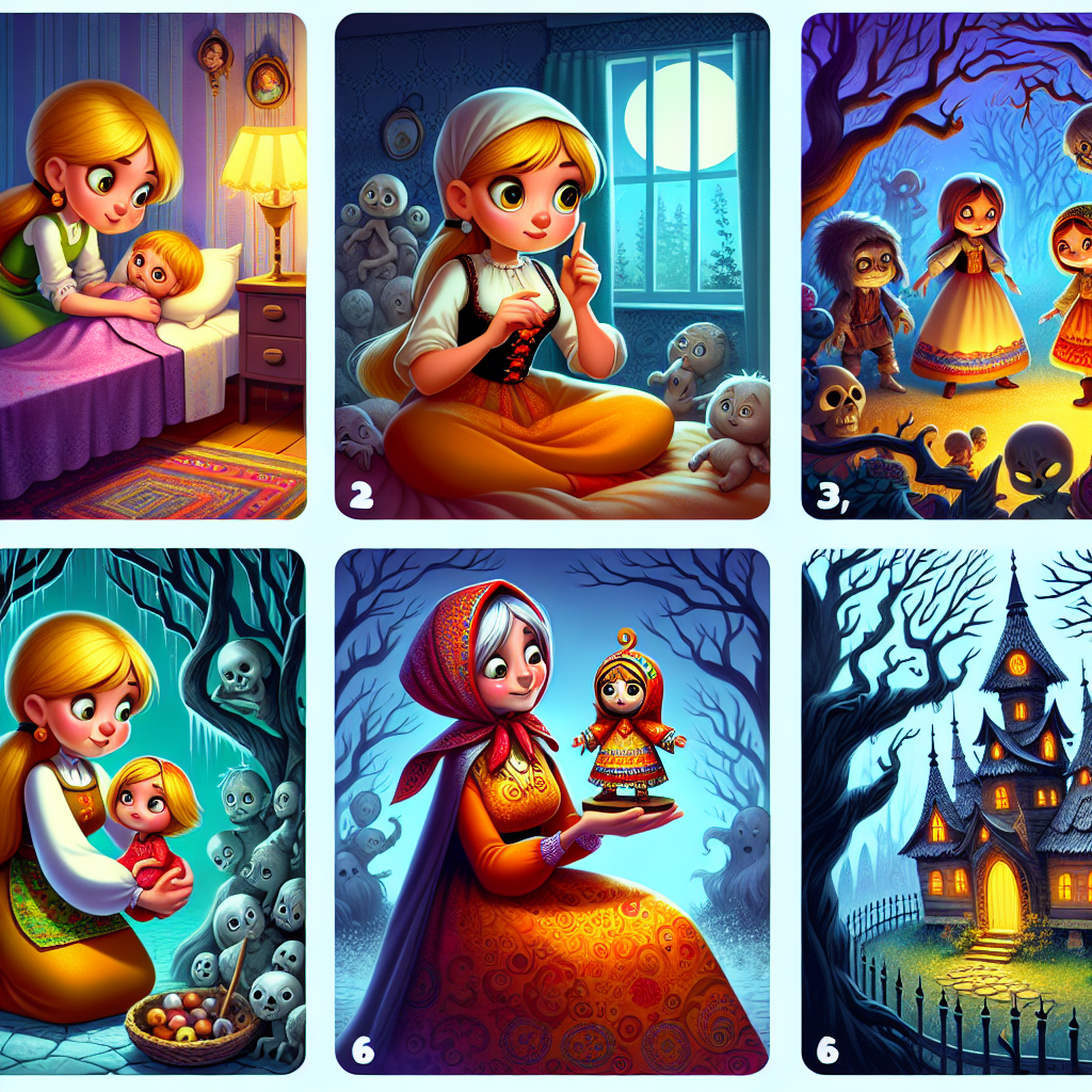 Colorful cartoon storyboard showing 8 key scenes from Vasilisa the Beautiful