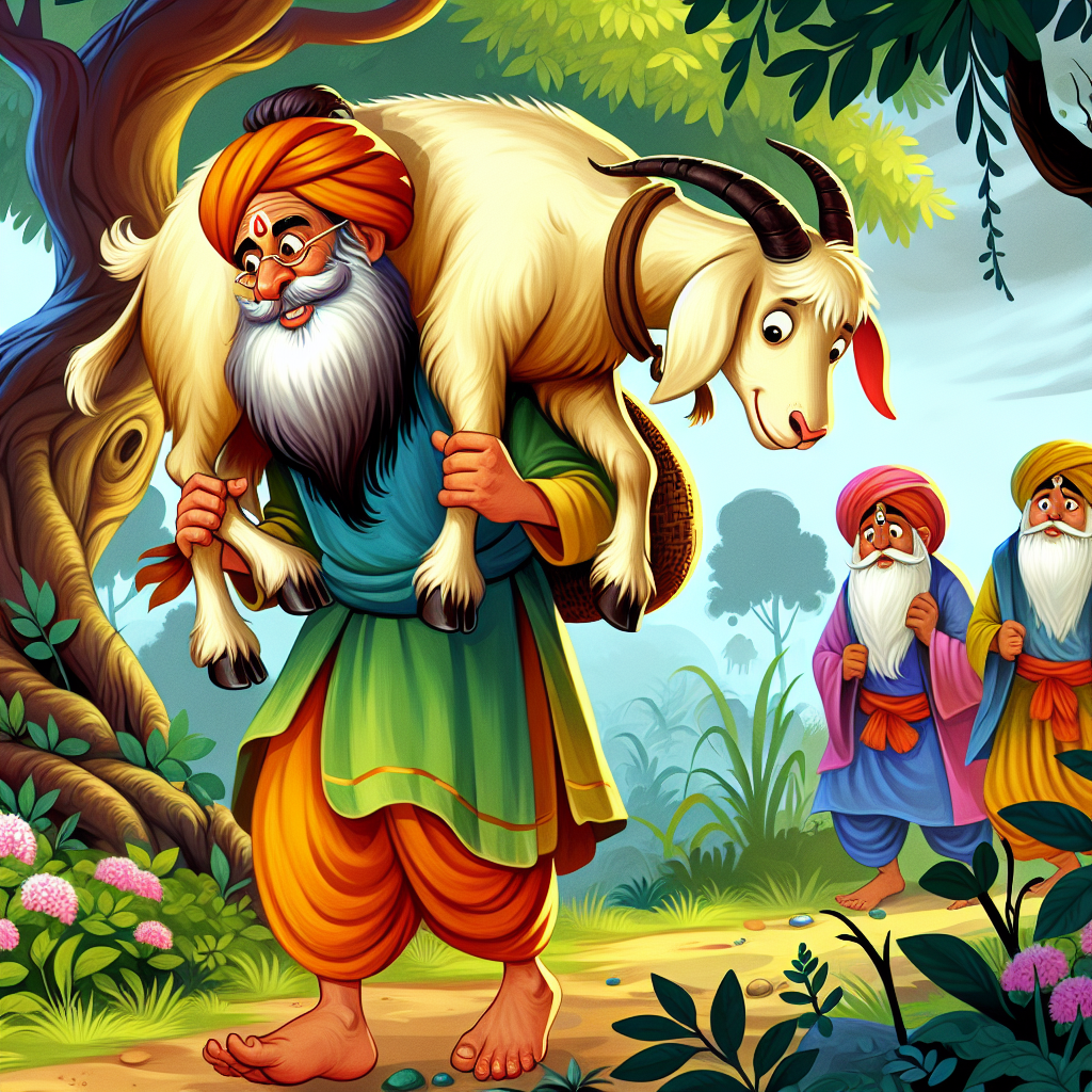 Colorful children's illustration for the story: The Goat and the Crooks