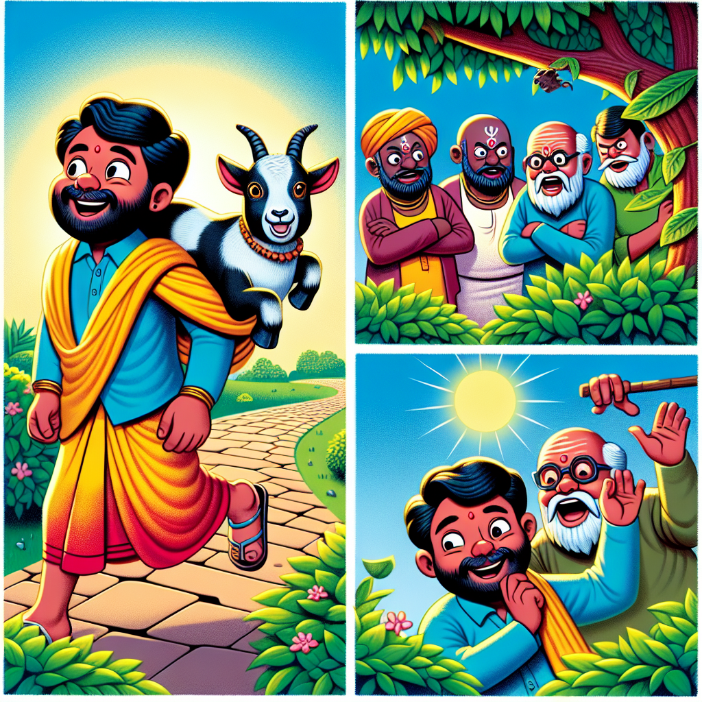 Colorful cartoon storyboard showing 8 key scenes from The Goat and the Crooks