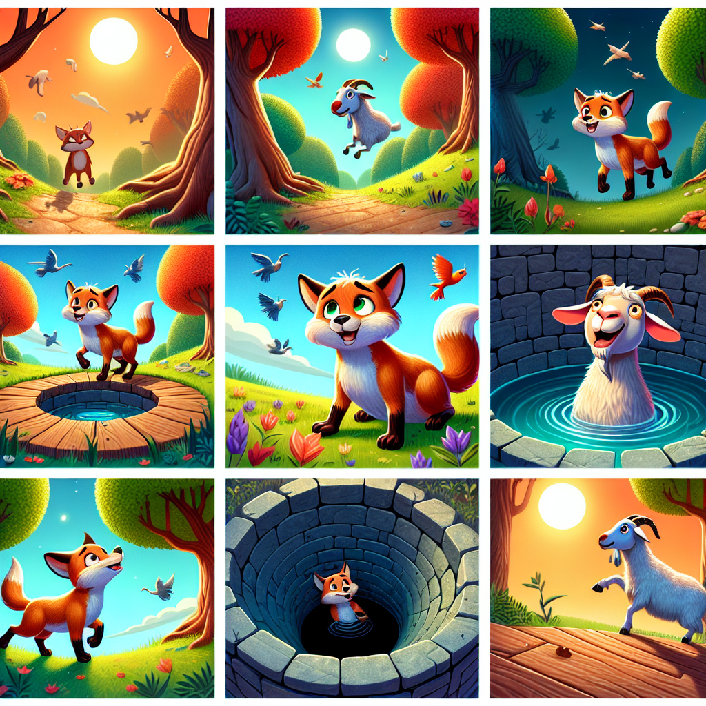 Colorful cartoon storyboard showing 8 key scenes from The Goat and the Fox