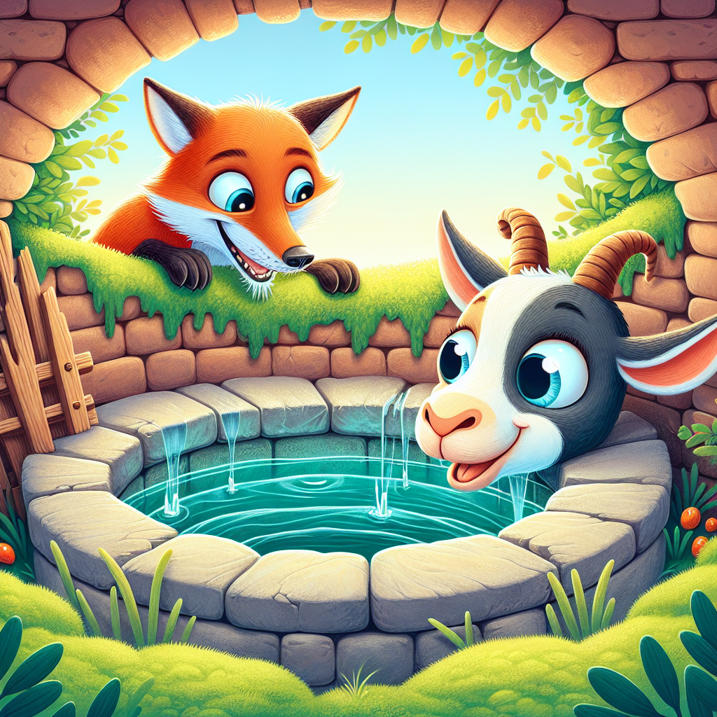 Colorful children's illustration for the story: The Goat That Leaped Too Soon