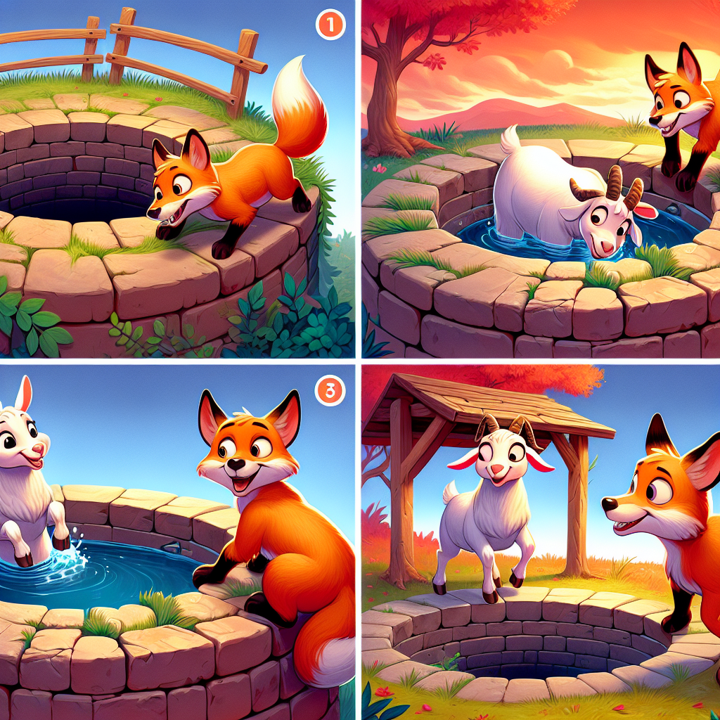 Colorful cartoon storyboard showing 8 key scenes from The Goat That Leaped Too Soon
