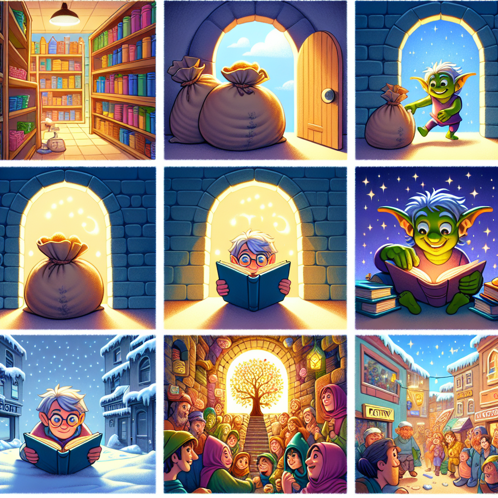 Colorful cartoon storyboard showing 8 key scenes from The Goblin's Choice