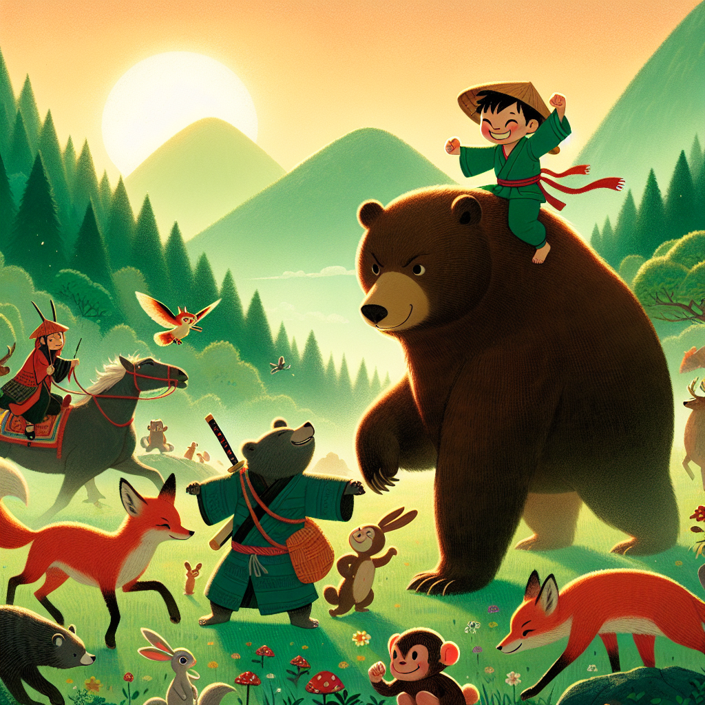 Colorful children's illustration for the story: Kintaro, The Golden Boy