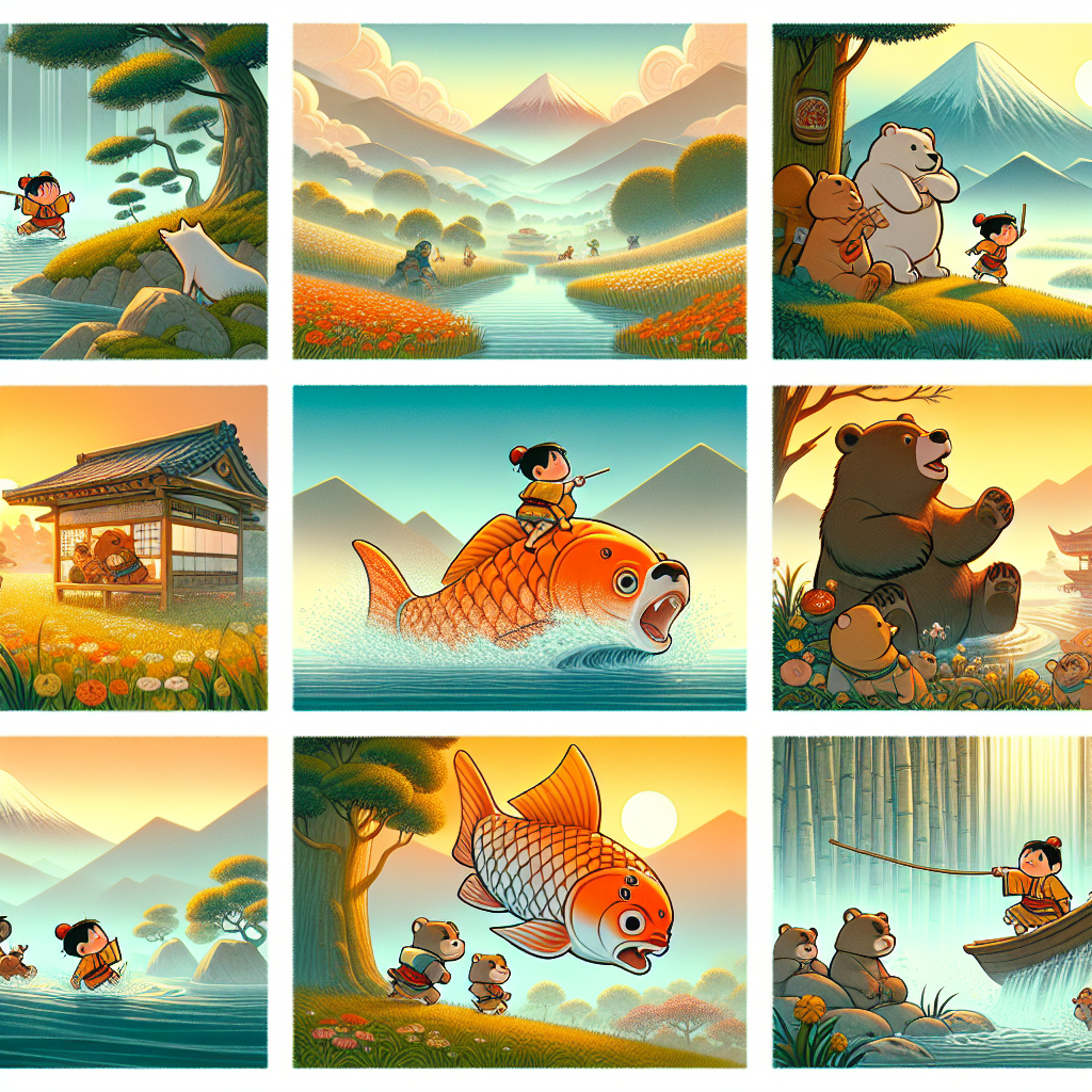 Colorful cartoon storyboard showing 8 key scenes from Kintaro, The Golden Boy