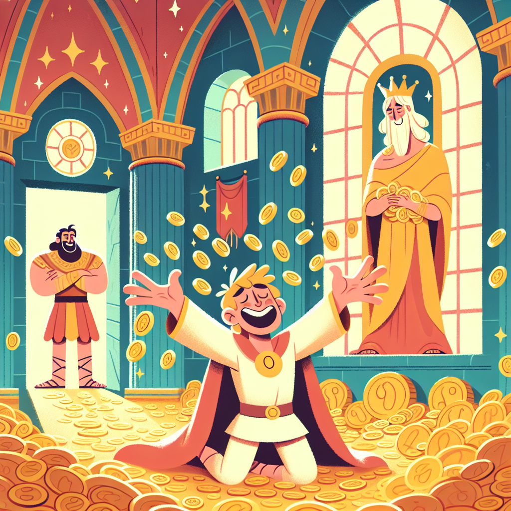 Colorful children's illustration for the story: King Midas and the Golden Touch