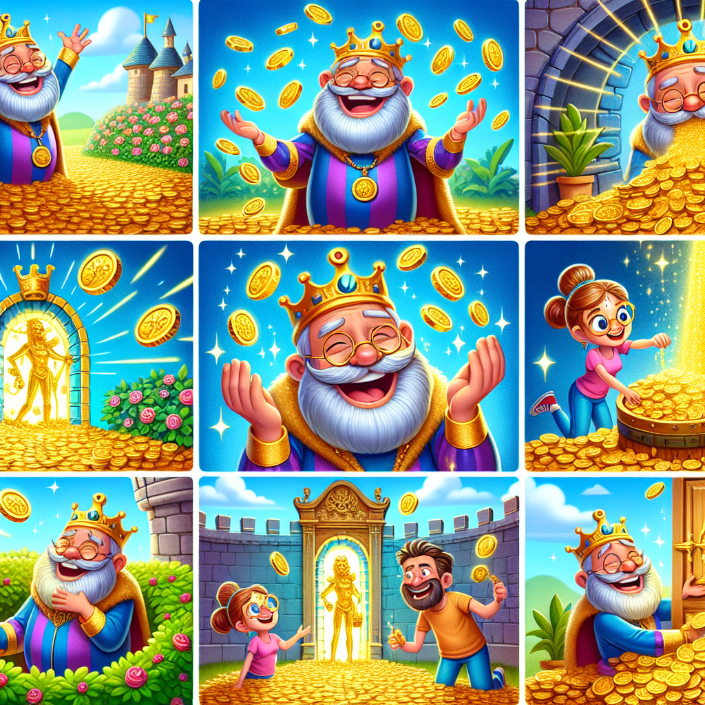 Colorful cartoon storyboard showing 8 key scenes from King Midas and the Golden Touch