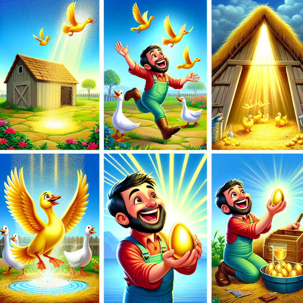 Colorful cartoon storyboard showing 8 key scenes from The Golden Goose