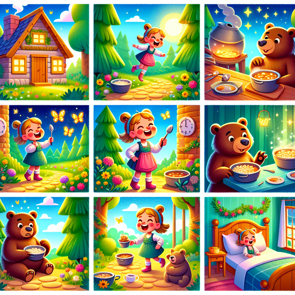 Colorful cartoon storyboard showing 8 key scenes from Goldilocks and the Three Bears