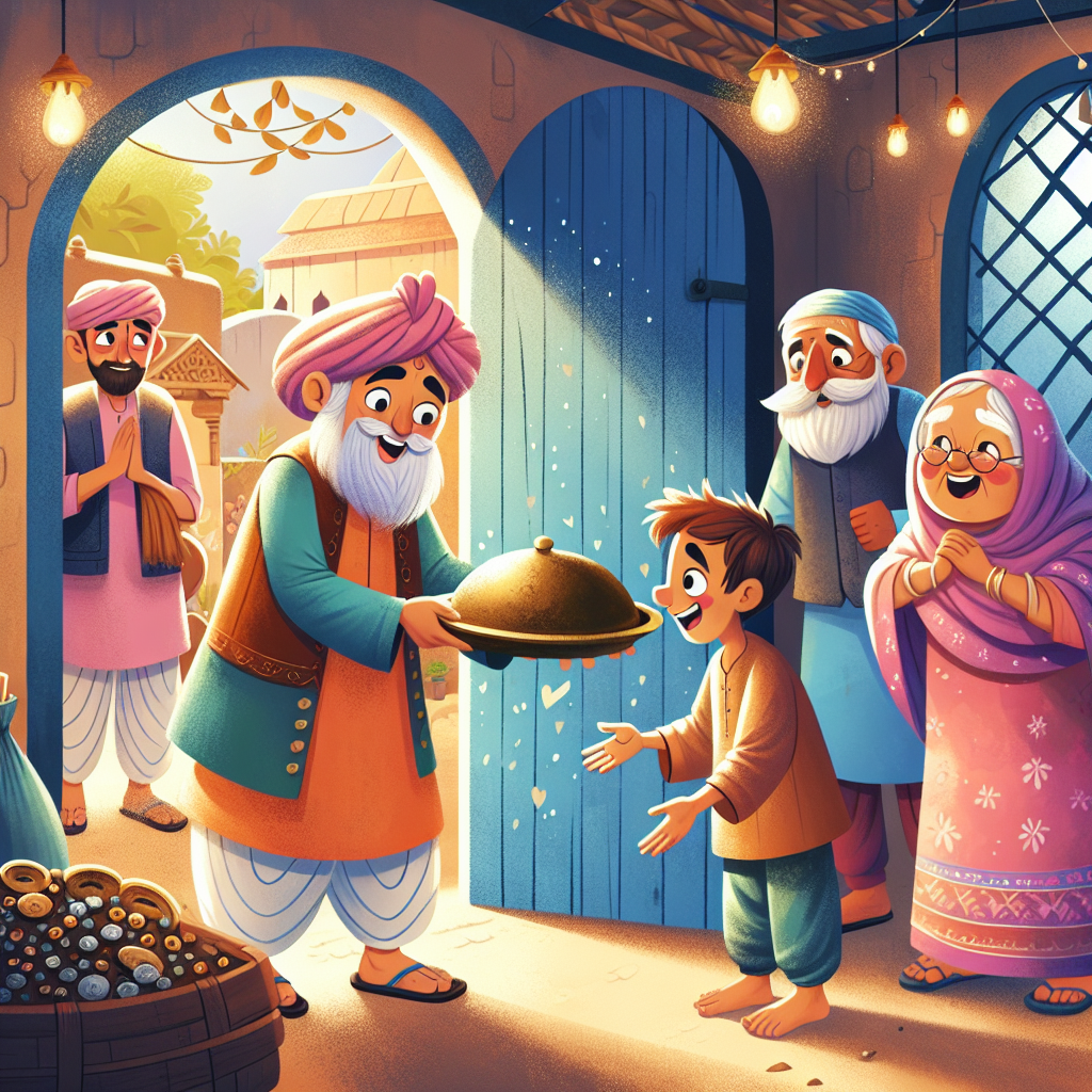 Colorful children's illustration for the story: The Honest Merchant