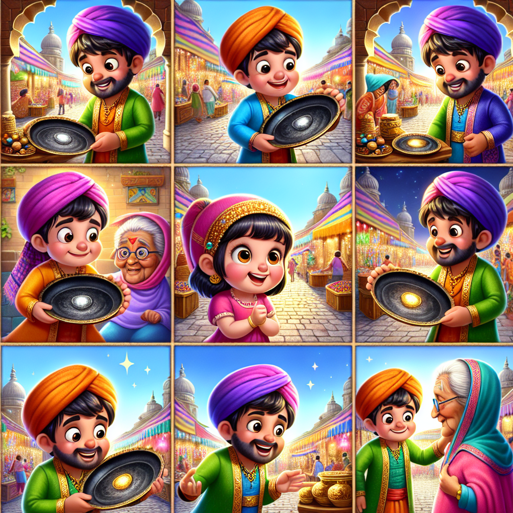 Colorful cartoon storyboard showing 8 key scenes from The Honest Merchant