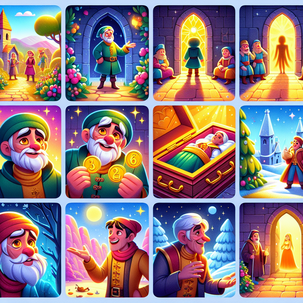 Colorful cartoon storyboard showing 8 key scenes from The Kind Young Man and the Ghost
