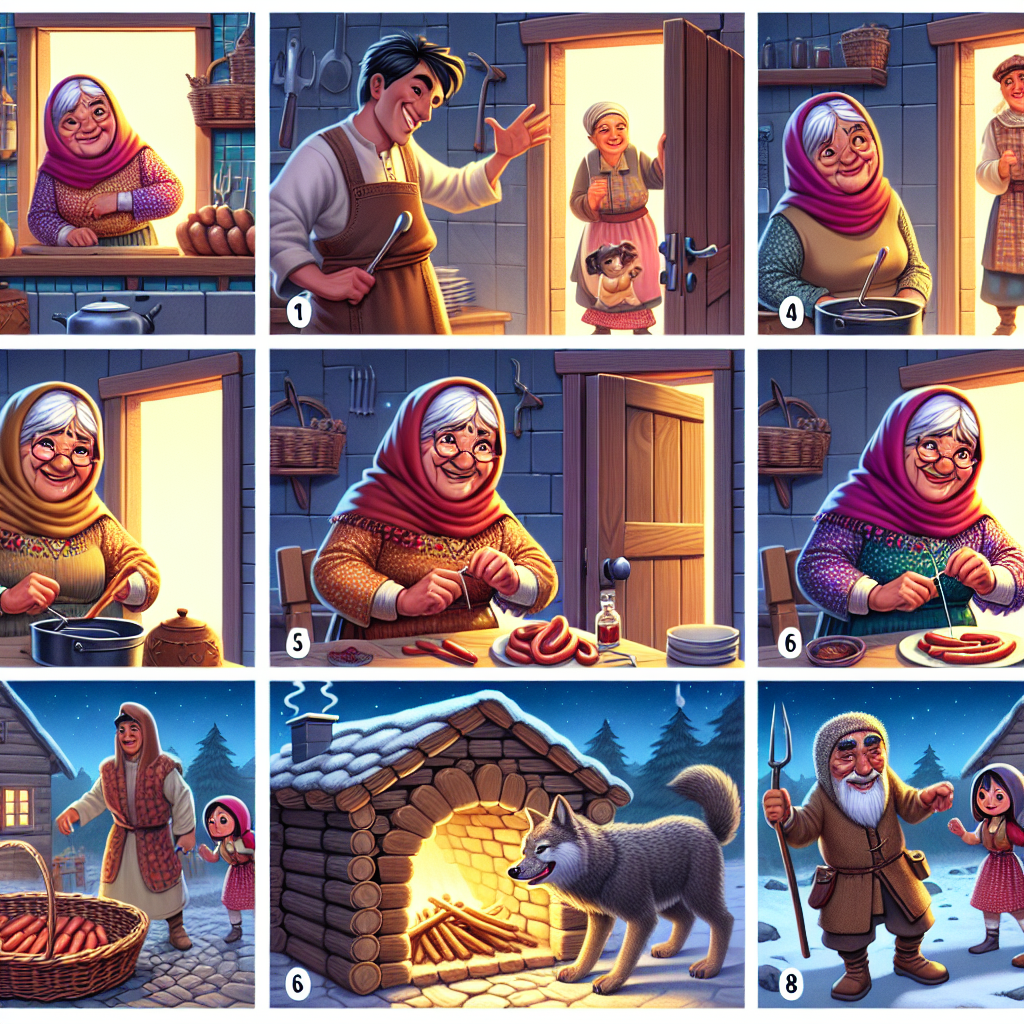 Colorful cartoon storyboard showing 8 key scenes from The Grandmother Who Knew Best