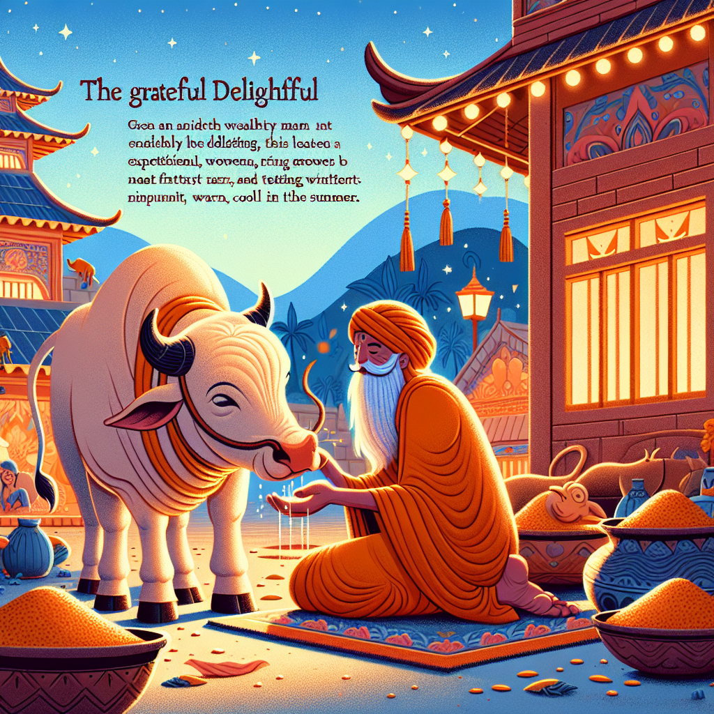 Colorful children's illustration for the story: The Grateful Bull