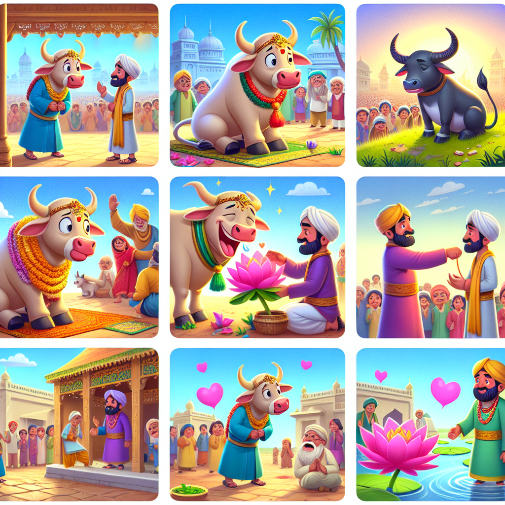 Colorful cartoon storyboard showing 8 key scenes from The Grateful Bull
