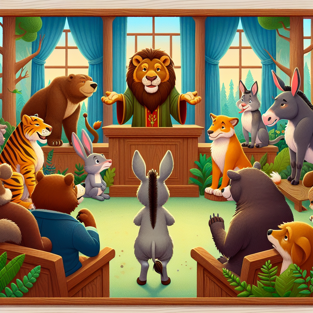 Colorful children's illustration for the story: The Lion's Share