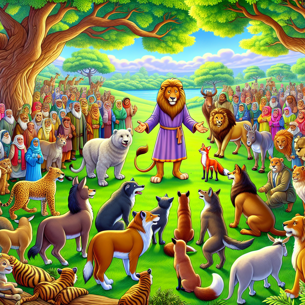 Colorful cartoon storyboard showing 8 key scenes from The Lion's Share