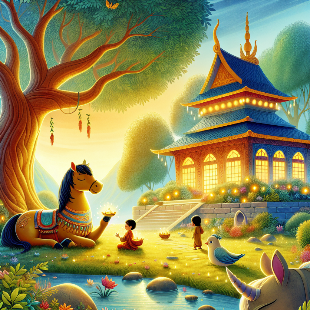 Colorful children's illustration for the story: The Great Horse