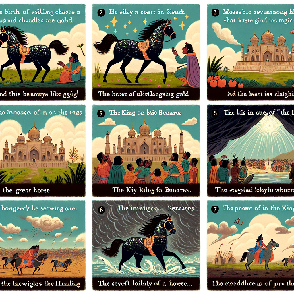 Colorful cartoon storyboard showing 8 key scenes from The Great Horse