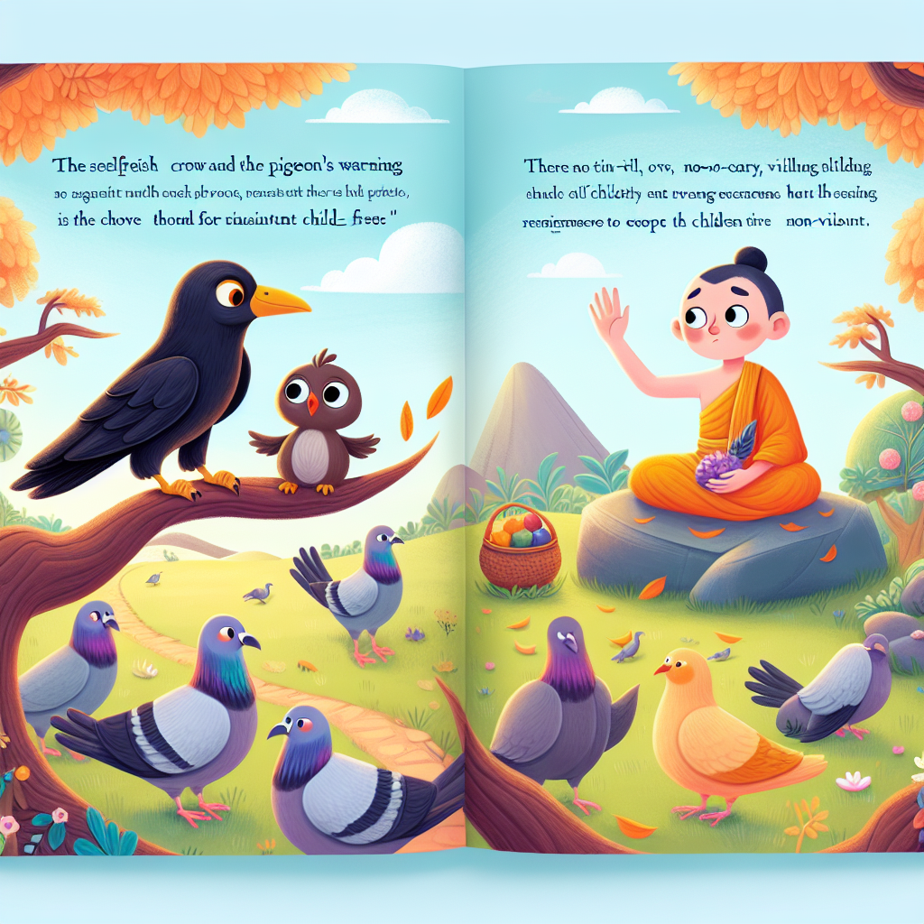 Colorful children's illustration for the story: The Greedy Crow