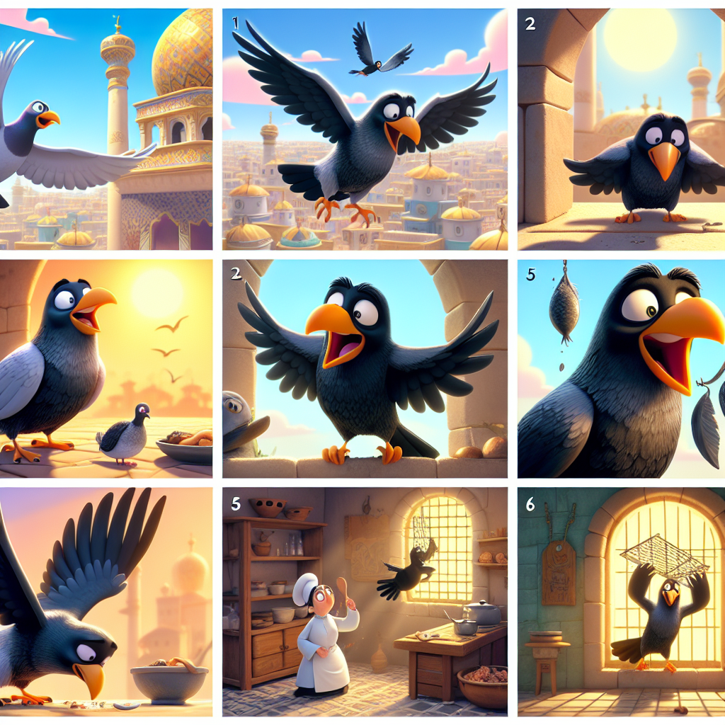 Colorful cartoon storyboard showing 8 key scenes from The Greedy Crow