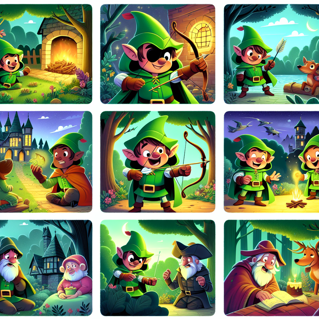 Colorful cartoon storyboard showing 8 key scenes from Robin Hood: The Green-Cloaked Hero